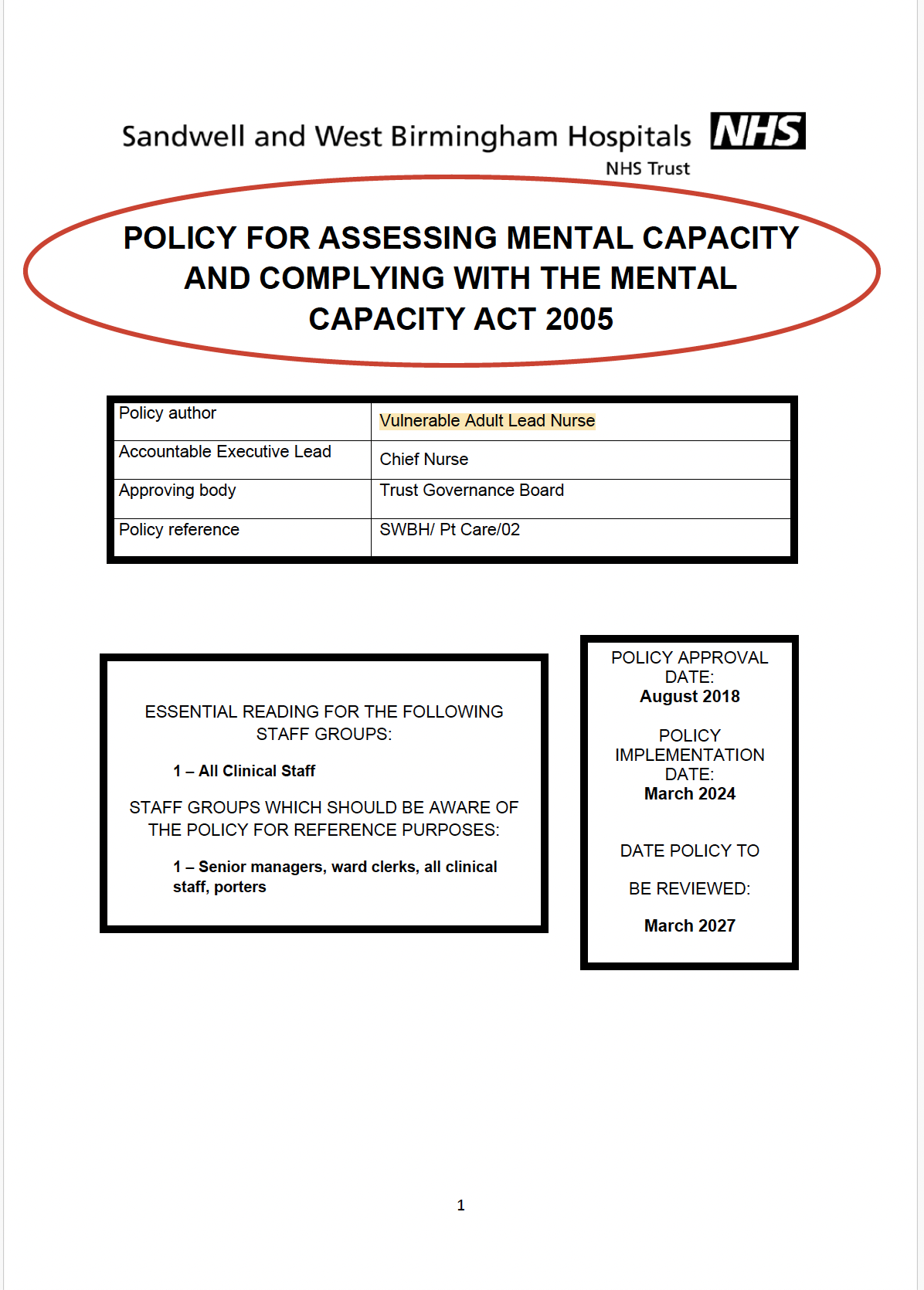 Sandwell and West Birmingham Mental Capacity Act Policy