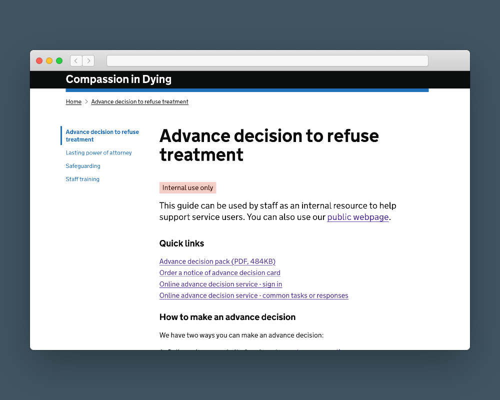 Early prototype of an information page
